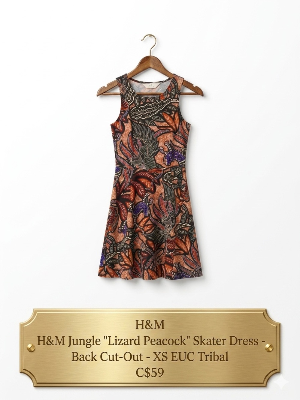 H&M  Jungle "Lizard Peacock" Skater Dress - Back Cut-Out - XS EUC Tribal